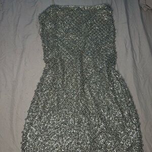 Oh Polly Strapless Beaded Gray Dress